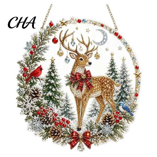 Seasonal Winter Room Decor Xmas Snowman Hanging Ornament, Round Acrylic Santa Reindeer Decorations for Home Christmas Door Sign Festive Window