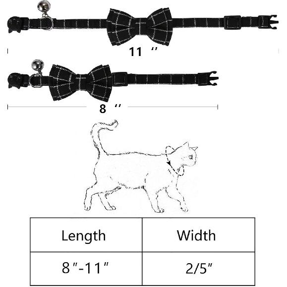 SLSON 2 Pack Breakaway Cat Collar with Bell and Bow Tie Plaid Kitten Collar for Cats and Small Dogs Pets Adjustable from 8-11In, Black and Grey