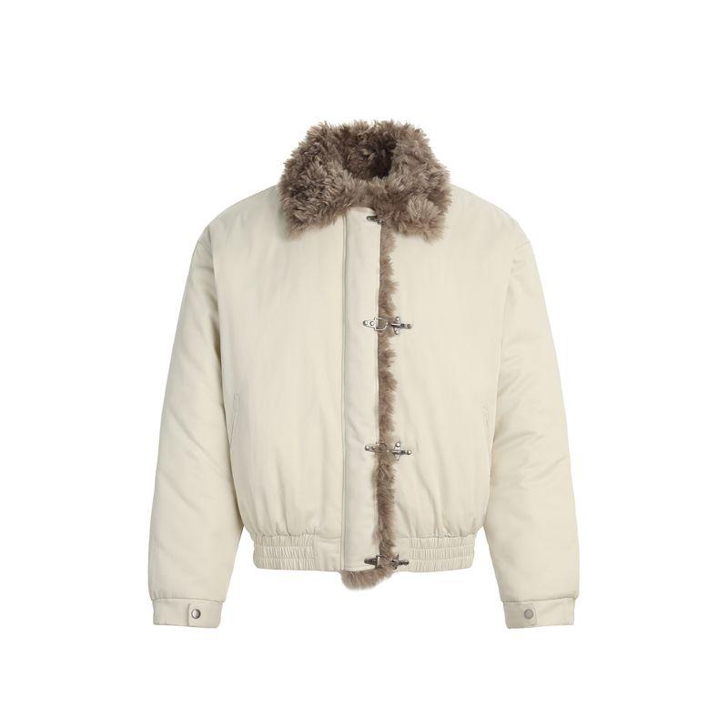 Kisko Winter American-Style Snap-Button Padded Coat with Fur Collar, Unisex Design, Loose Fit, Warm Jacket, Couple's Trendy Style