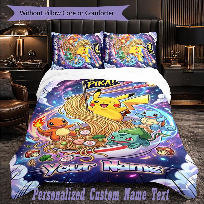 Personalized 3Pcs Bedding SetPokémon Custom Text Duvet Cover Pillowcase Set Bedroom Gift