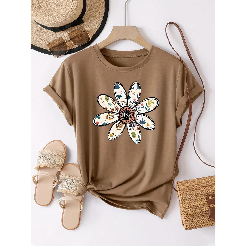 Boho Daisy Women's Tee - Floral Pattern Graphic, Casual Navy Blue Top