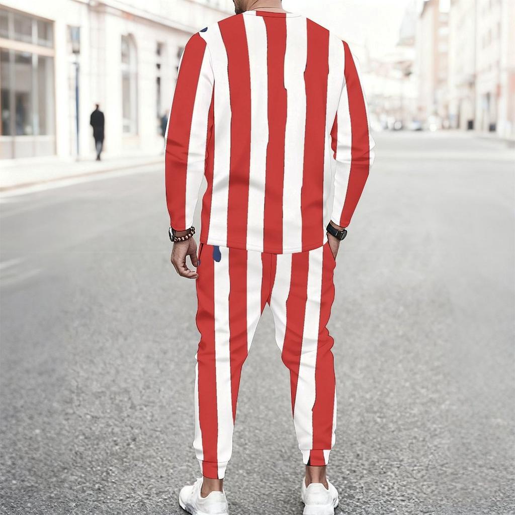 Men Heart American Flag Ocean Wave Print Long Sleeve Sweatshirt And Drawstring Jogger Pants Two Piece Outfit
