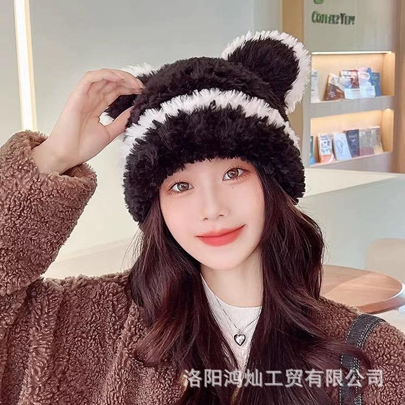 Hat Female Winter Bear Warm Plush Hat Ear Protector Face Small Knitted Hat Big Head Circumference Versatile Wool Hat Adult