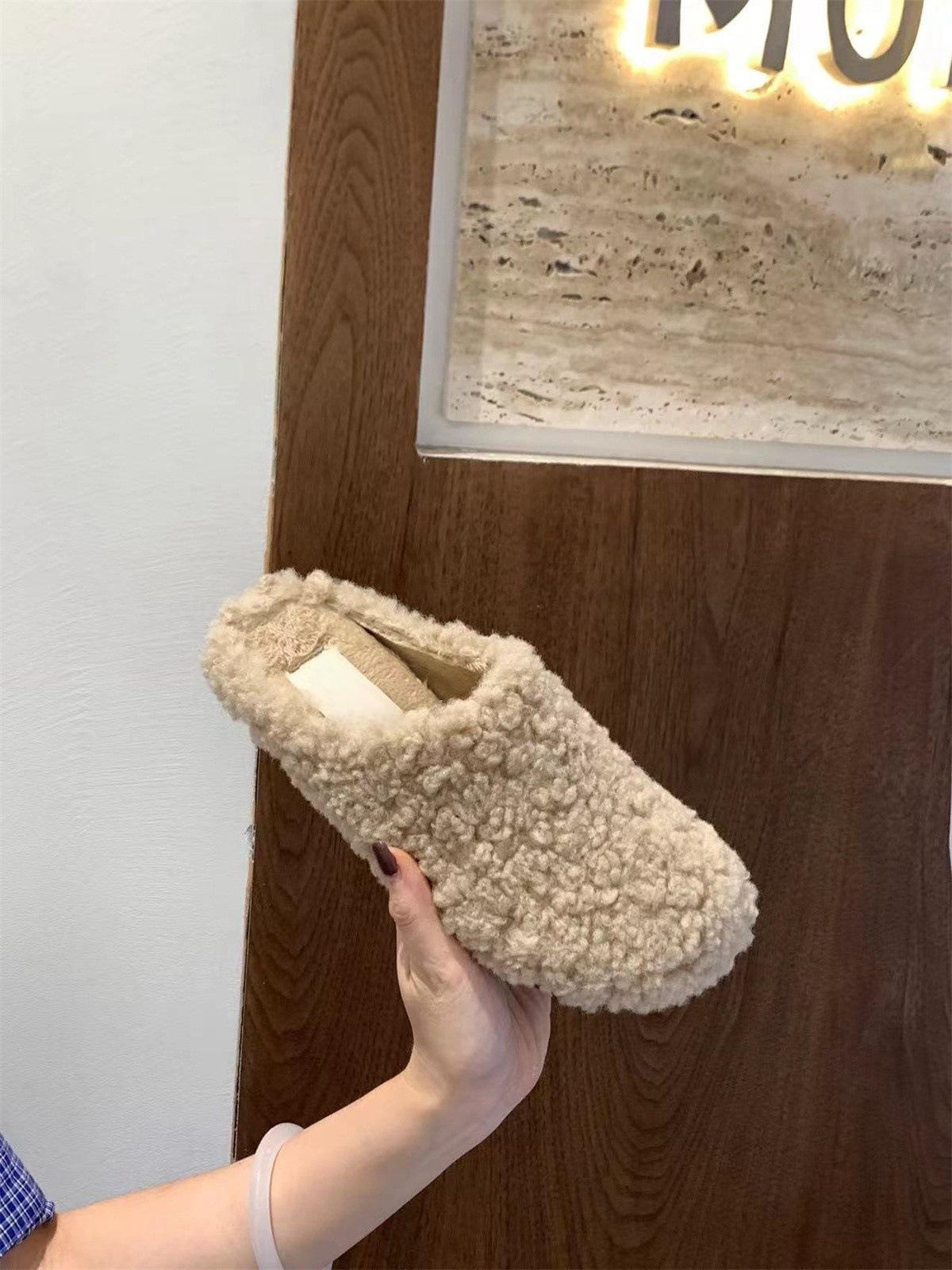 

Пушистые туфли на толстой подошве, тапочки, женская обувь, верхняя одежда 2024 года, бархатная домашняя сумка, полуподдержка головы, одиночные туфли 40 абрикосовый