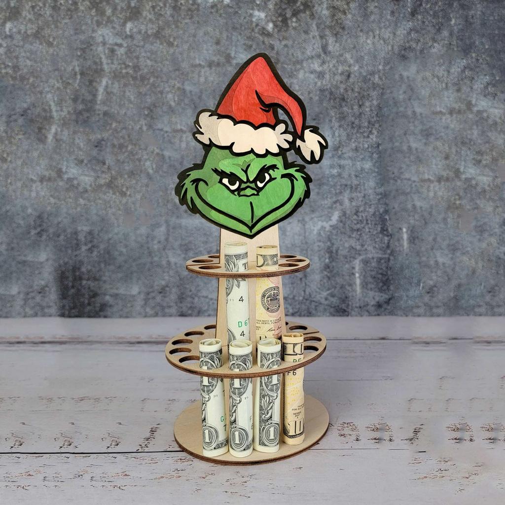Christmas Unique Money Holder Double-Layer Cash Holders, Green  Desktop Money Holder, Wooden Holder For Placing Money