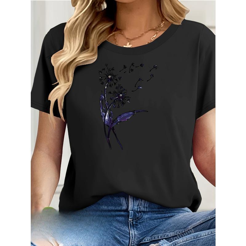 

European Size Women s Casual Short Sleeve T-Shirt Floral Dandelion Print Light Beige Relaxed Fit Spring Summer Breathable Top, Elegant Summer Blouse 4XL
