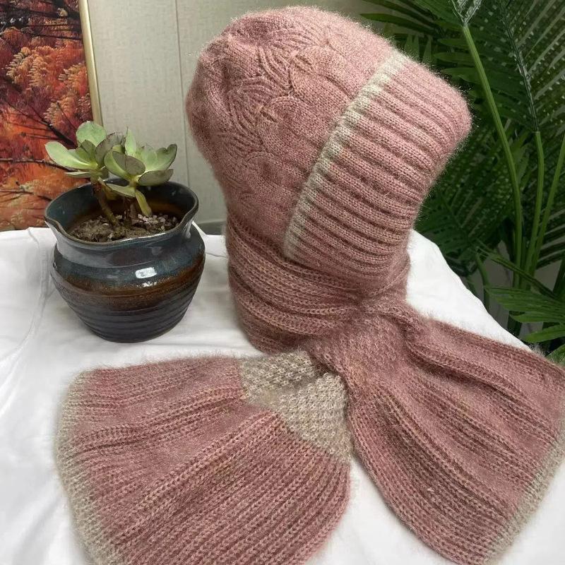 Autumn and Winter Color blocked Hats and Scarves New Velvet and Thickened Knitted Fashionable All In One Anti Wind and Snow Ear Protection Hats