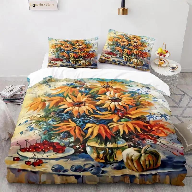 Oil Painting Duvet Cover Set Queen Blooming Sunflowers Twin Bedding Set Blue Sky White Cloud Landscape Polyester Comforter Cover