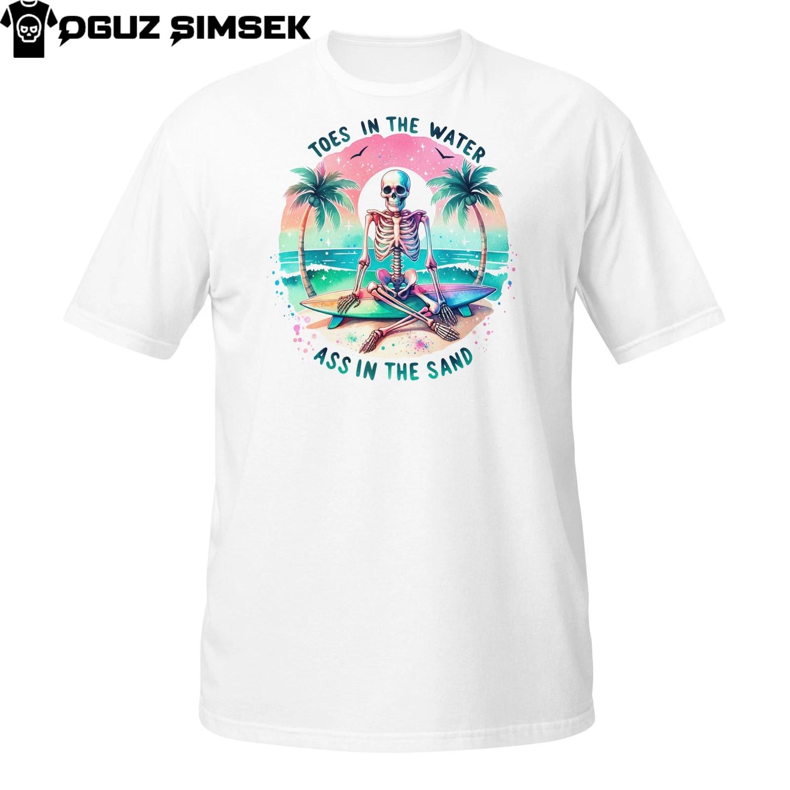 Tropical Skeleton Vibes T-Shirt Mens Womens Tees Top – Chill Beach Bones Design with Surf Sunset XL