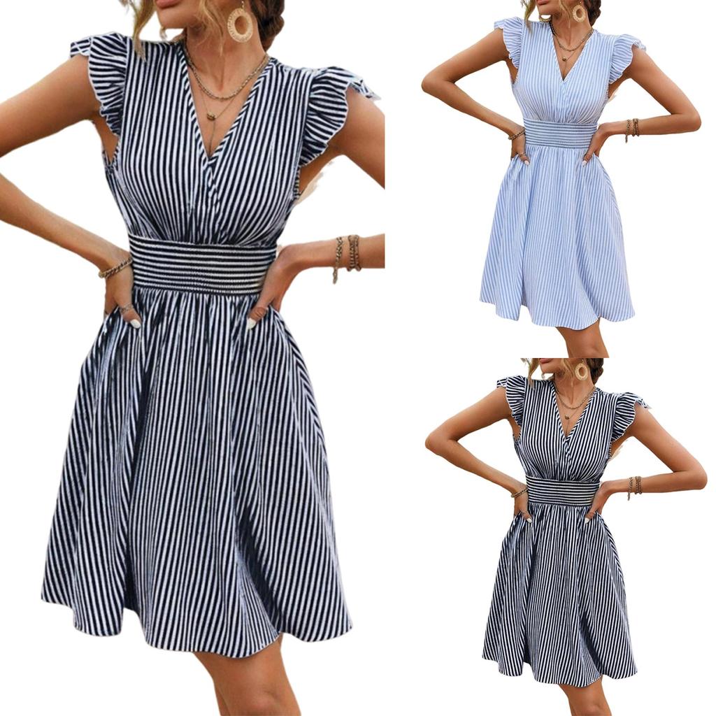 Women's Dress V-neck Striped Casual Dress Flying Sleeves Elastic Waist Dress