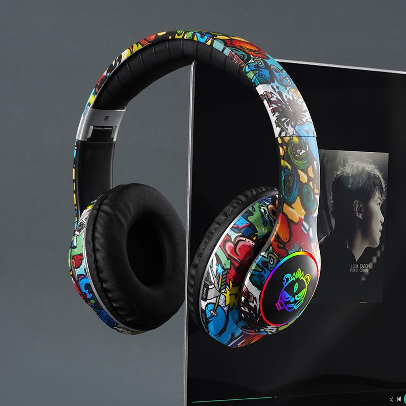 LED Luminous Cross-border Graffiti Bluetooth Gaming Headset with Wireless and Card Insert Features