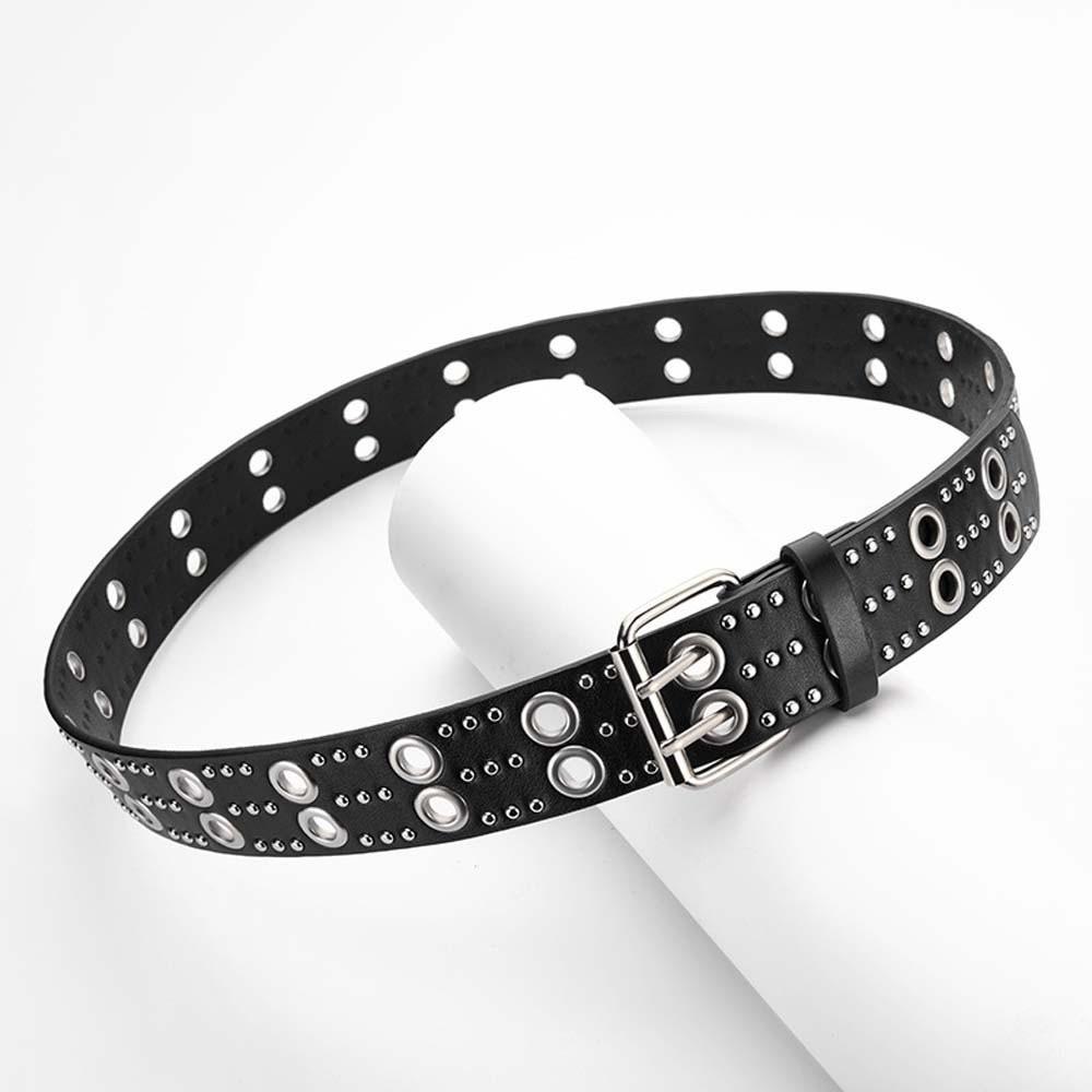 Double Row Needle Buckle Hollow Rivet Belt Adjustable Black Leather Waistbands  Women