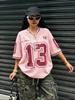 T-shirt Estiva Digitale con Scollo a V per Donna e Uomo, Streetwear Quotidiana in Rete con Grafica Numero, Rosa