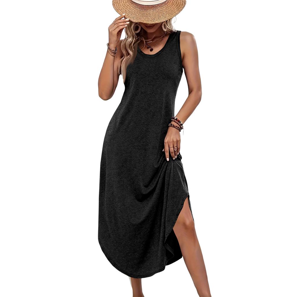 Ärmelloses lässiges Midi-Kleid in einfarbiger Ausführung mit lockerem Schnitt und seitlichem Schlitz, bequemes Sommerkleid für Damen