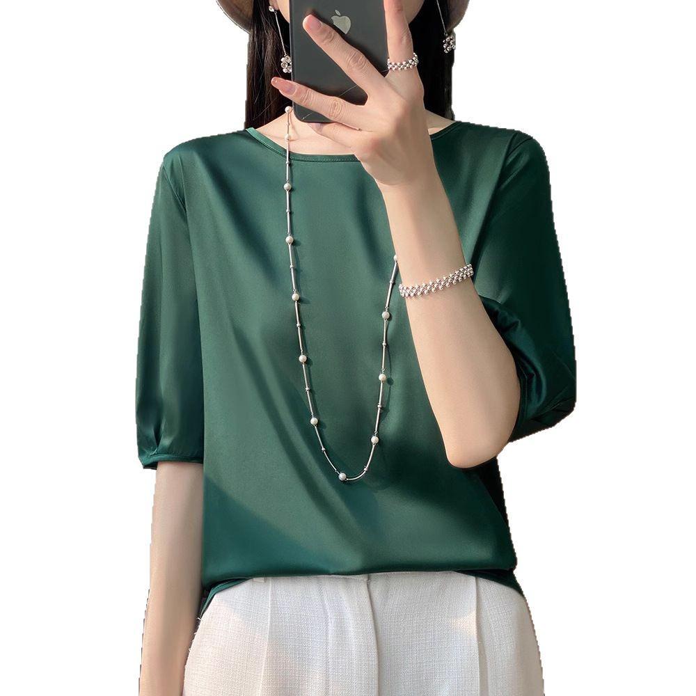 Satin Round Neck Half-Sleeve Loose T-Shirt for Women