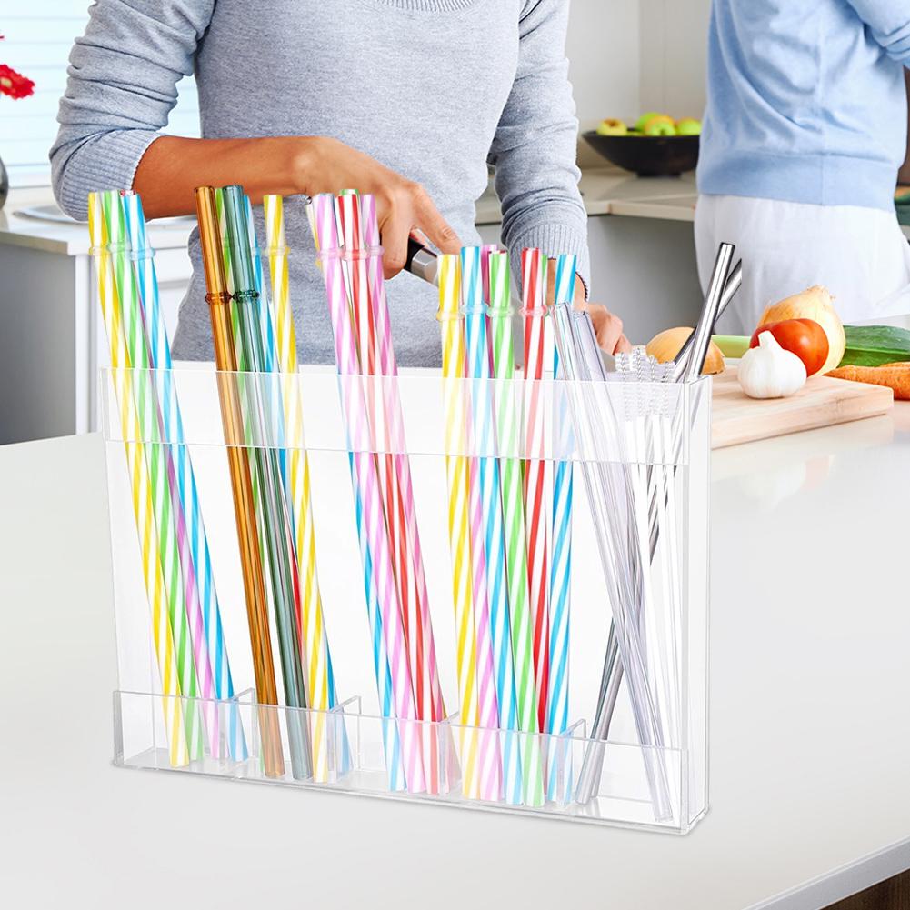 Straw Holder, Transparent Acrylic Straw Dispenser With Double Sided Stickers 24*16.5*2.5cm Kitchen Drinking-utensils Storage