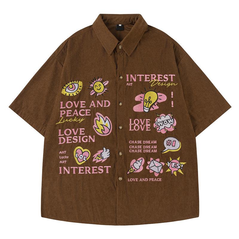 Niche design sense sweet cool cartoon embroidery letter short sleeve shirt men and women summer loose couple dopamine shirt M коричневый