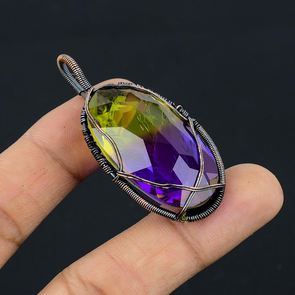 Bi Color Tourmaline Handmade Copper Wire Wrap Jewely Pendant 2.2" C4F55