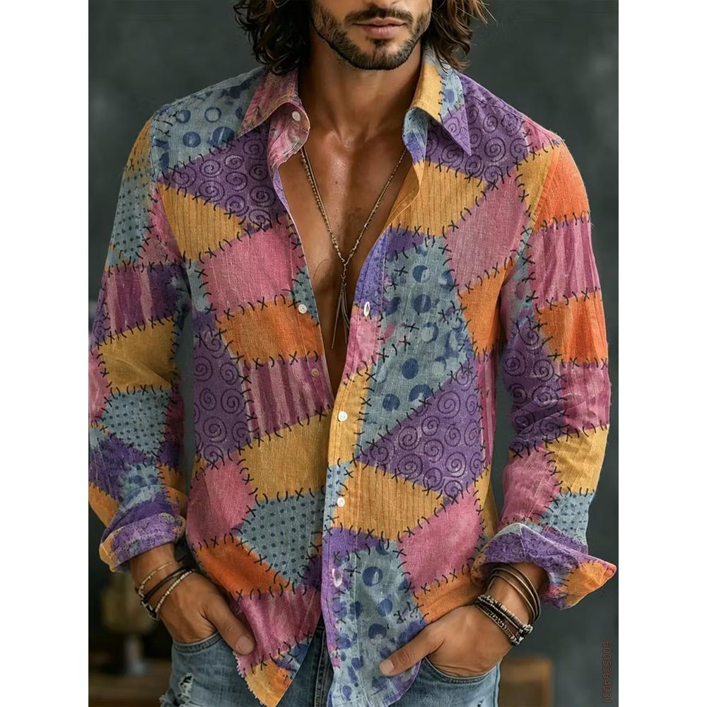 Men's Long Sleeved Shirt with Sun Rainbow Print Top, Versatile for Vacation and Travel, Fashionable and Comfortable Casual Shirt