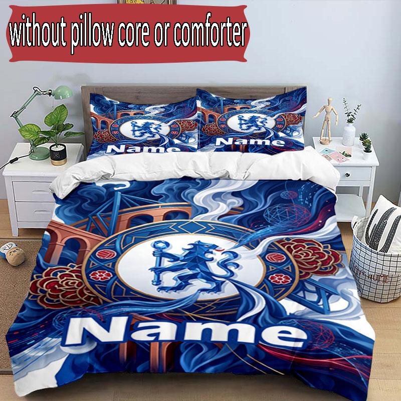 3pcs Duvet Cover Set (1*Duvet Cover + 2*Pillowcase, Without Core), Custom Name Chelsea Football Club Pattern Bedding Set, Home Bedroom Decor Gift