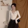Otoño Invierno mujer cuello en V Color sólido manga larga plisado parte inferior de punto suéter elegante
