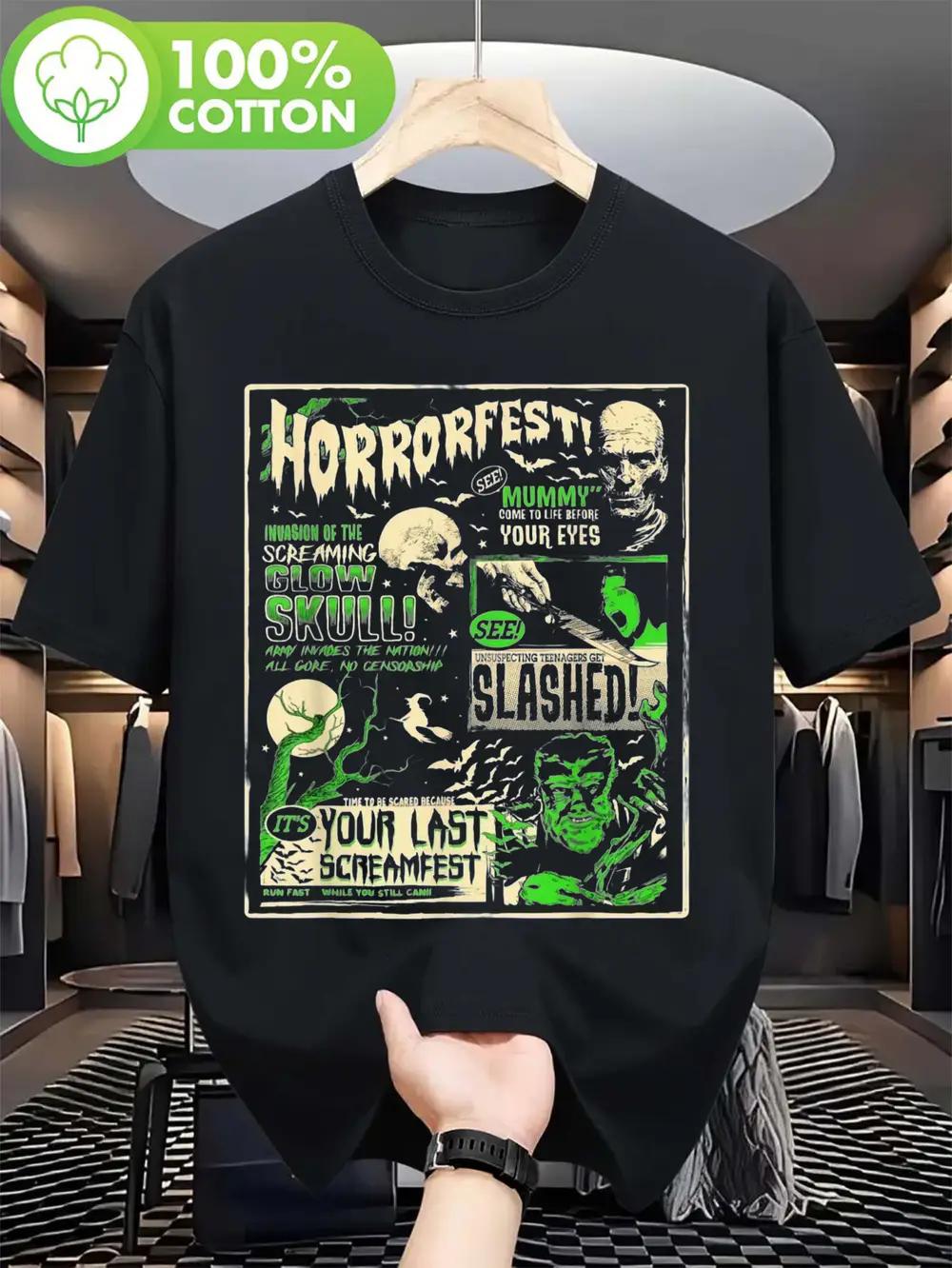 

Plus Size Horrorfest Graphic T-shirt - 100% Cotton Relaxed Fit Short Sleeve Tee with Skull & Print XXXL