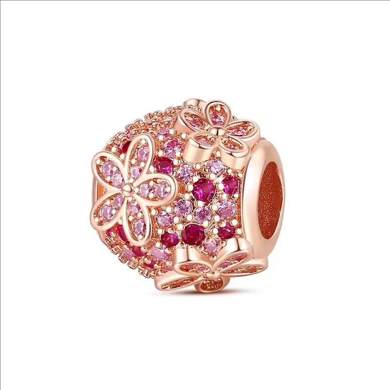 Sparkling Rose Gold Original Flower Charm Pink Daisy Flower Cherry Blossom Rose Flower Beads Fit Snake Bracelet DIY Jewelry Gift