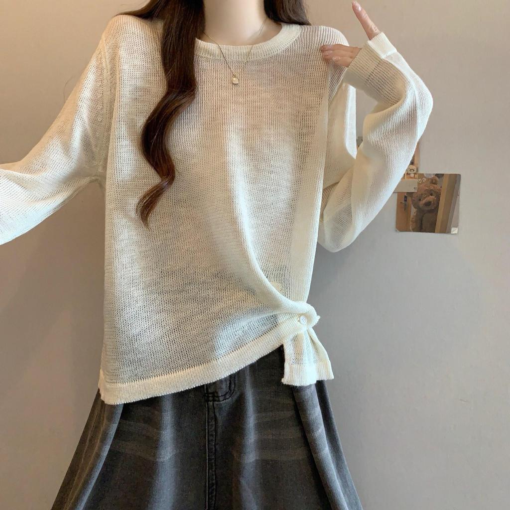 2026 Spring Round Neck Plus Size Split Hem Knit Top - Long Sleeve Waist-Cinching Design for Women
