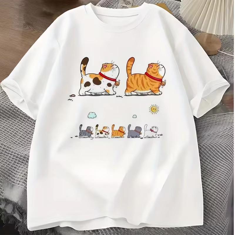 Korean Style Cute Cats Graphic T-shirt Short-sleeved Shirt Versatile Cartoon Kitten Print Casual  Streetwear Top