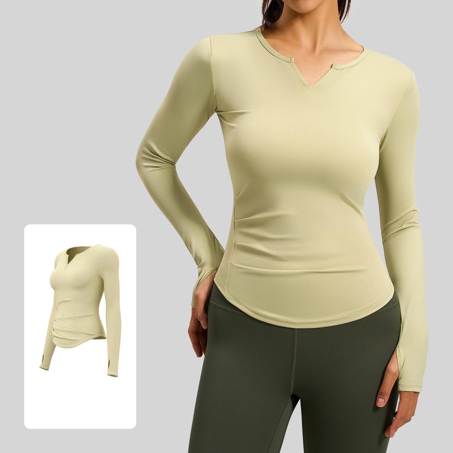 2026 New Summer V-neck Long Sleeved Nude Yoga Clothes for Women Pleated Waist Slimming Tight Sports Fitness Tops S
