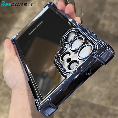 Funda Transparente con Borde Dorado para Samsung S25 Ultra S24FE S23 FE S22 Plus A54 A53 A55 A34 A35 A25 5G Cubierta de Acrílico a Prueba de Golpes