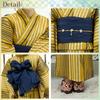 RAVIR Yukata Gold and Black with Arrow Fluffy Obi and Geta One Size Fits All Women's 3-Piece Set, Pattern, Belt, Sandals, Yellow,