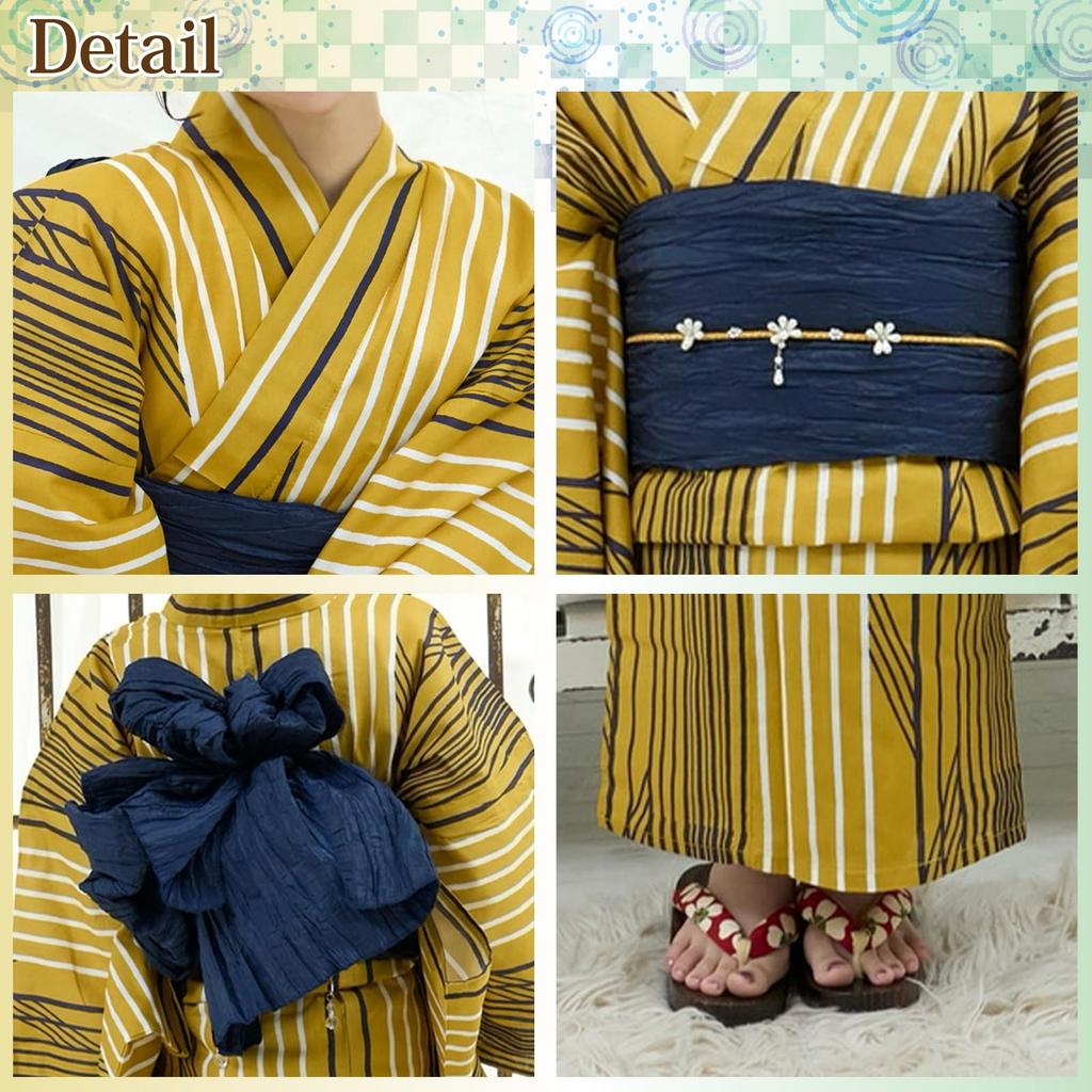 RAVIR Yukata Gold and Black with Arrow Fluffy Obi and Geta One Size Fits All Women's 3-Piece Set, Pattern, Belt, Sandals, Yellow,
