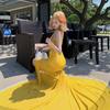 Vacation Spice Girl Yellow Suspender Dress Women's Summer Pleated Sexy Slim Fishtail Dress Mesh Skirt