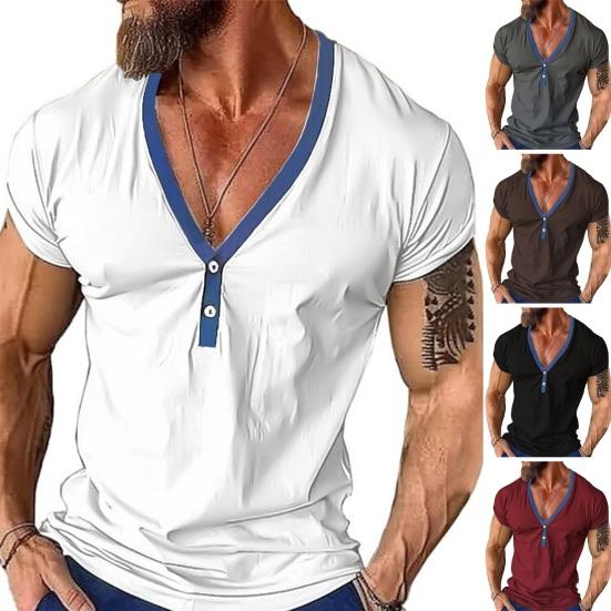 

Летний спортивный мужской топ на пуговицах с V-образным вырезом и короткими рукавами, подходящий по цвету пуловер, облегающий, тонкий, повседневный, повседневный M темно-серого