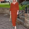 GMXIA Plus Size Women Casual Button Mid Sleeve Pocket Solid Colour Cotton V-Neck Top Pants Set