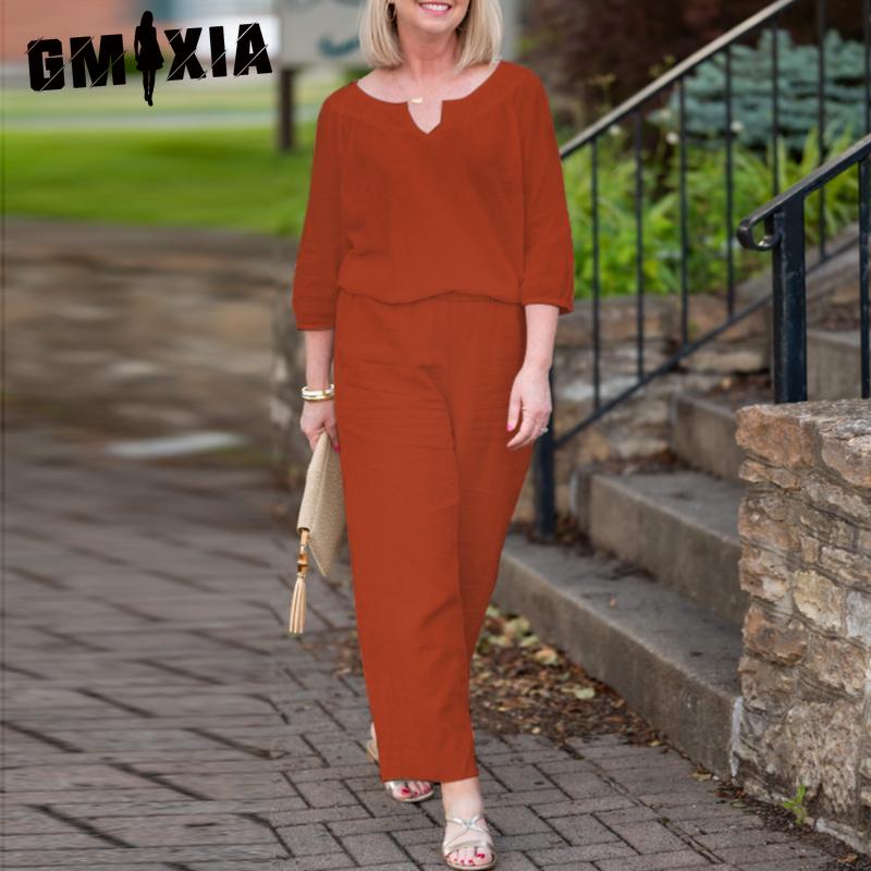 GMXIA Plus Size Women Casual Button Mid Sleeve Pocket Solid Colour Cotton V-Neck Top Pants Set