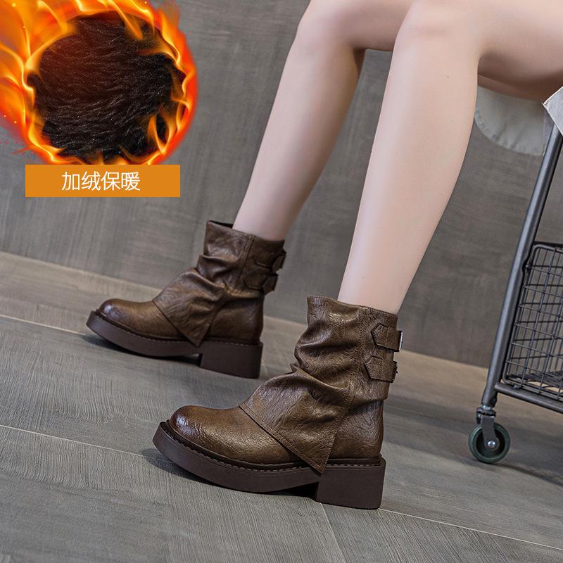 Short boots British style women 2025 new autumn and winter pleated knight boots thick-soled trouser tube boots women's pile student boots