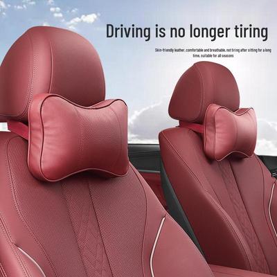 Car Neck and Lumbar Support Pillow Set - Genuine Leather Memory Foam Headrest