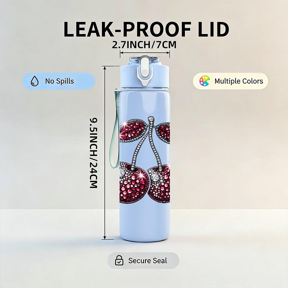 1PC Dark Red Pair Cherry Fruit Print 750ml Color Plastic Sports Water Bottle Leakproof Flip Straw Lid Suitable for Sports Office Home Use