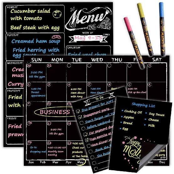 Magnetic Chalkboard Monthly Calendar with neon Bright Liquid Chalk Markers – Black Refrigerator Monthly Planning Board w/Bonus - Grocery List and