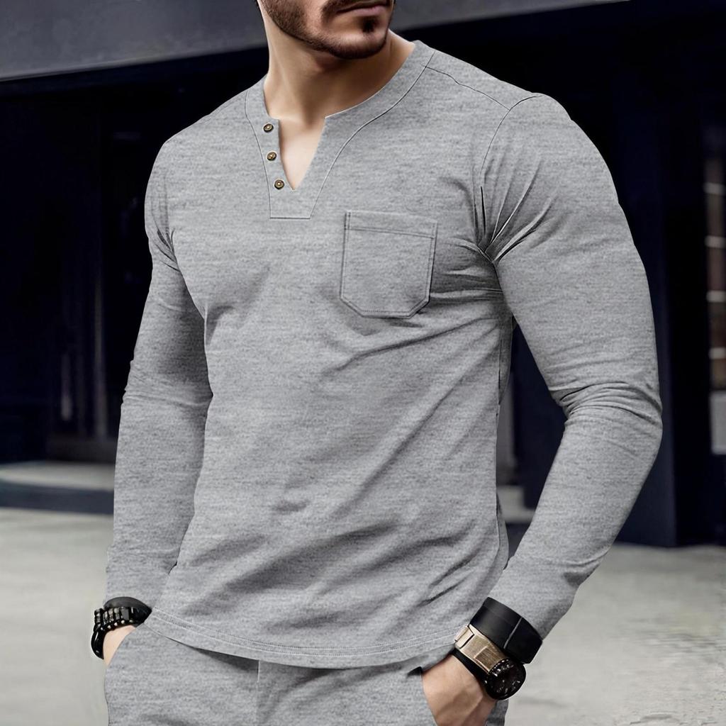 Men's Casual Solid-color Top, Men's Long-sleeved Button Pocket V-neck Top