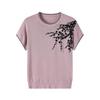 Chic Round Neck Embroidered Short Sleeve Knit Top for Mothers - Loose Fit Summer Wear for Middle-Aged Women