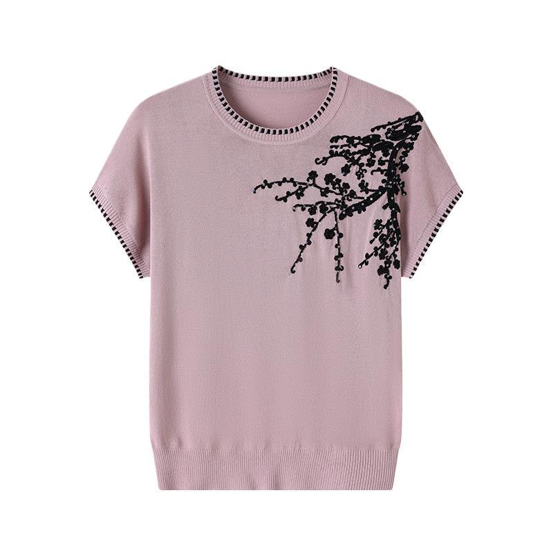 Chic Round Neck Embroidered Short Sleeve Knit Top for Mothers - Loose Fit Summer Wear for Middle-Aged Women