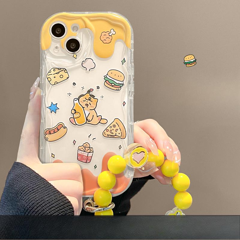 

Подходит для чехла для мобильного телефона Apple 14promax iPhone 15/13 Милый мультяшный кот Стойка для бургеров Цепочка 78P iPhone 11