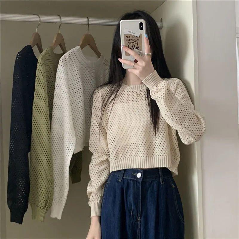 Long Sleeve Thin Hollow Out Sun Protection Cardigan Knitwear Women's Summer Designed Niche Loose Air-Conditioning Shirt Short Top