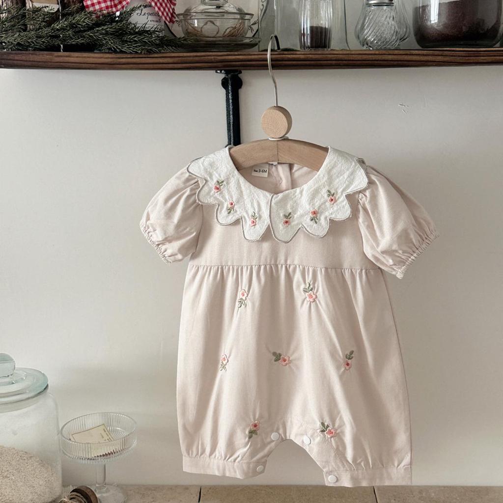 Baby Mädchen bestickter Kragen Kurzarm Baumwoll Strampler, Hellviolett 100 Tage Ausflug Outfit