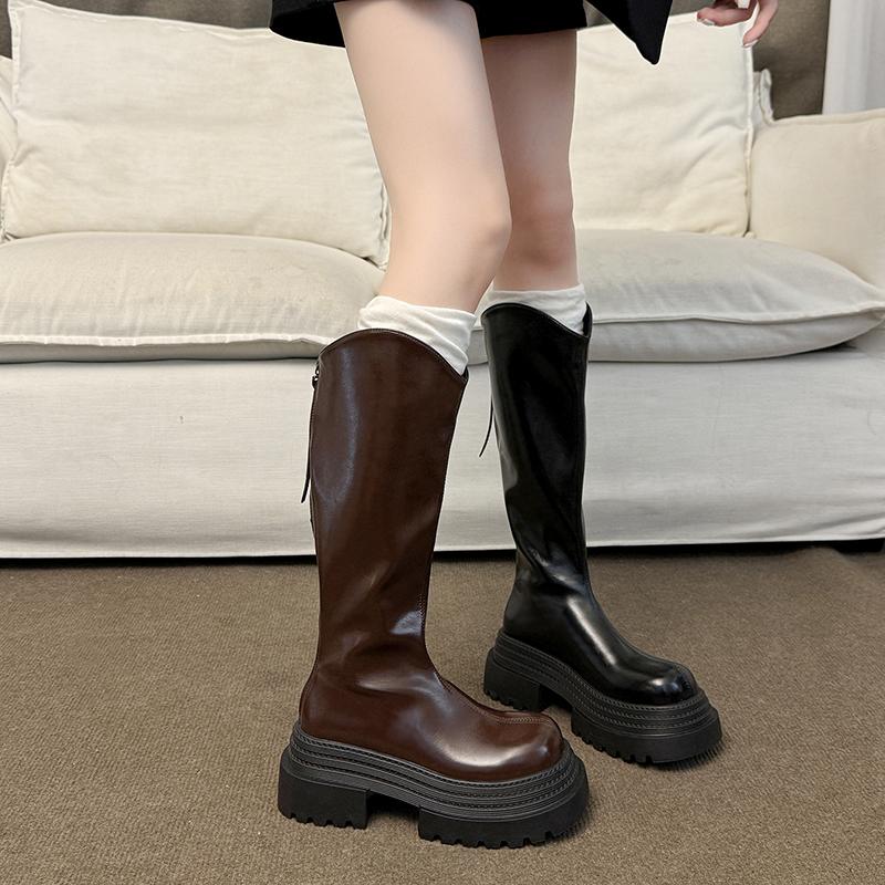 Móda Móda Punkový Styl Dámské Kozačky po Koleno Černé Zip Platforma Silný Podpatek Zimní Dámské Měkká Kůže Rytířské Kotníkové Boty