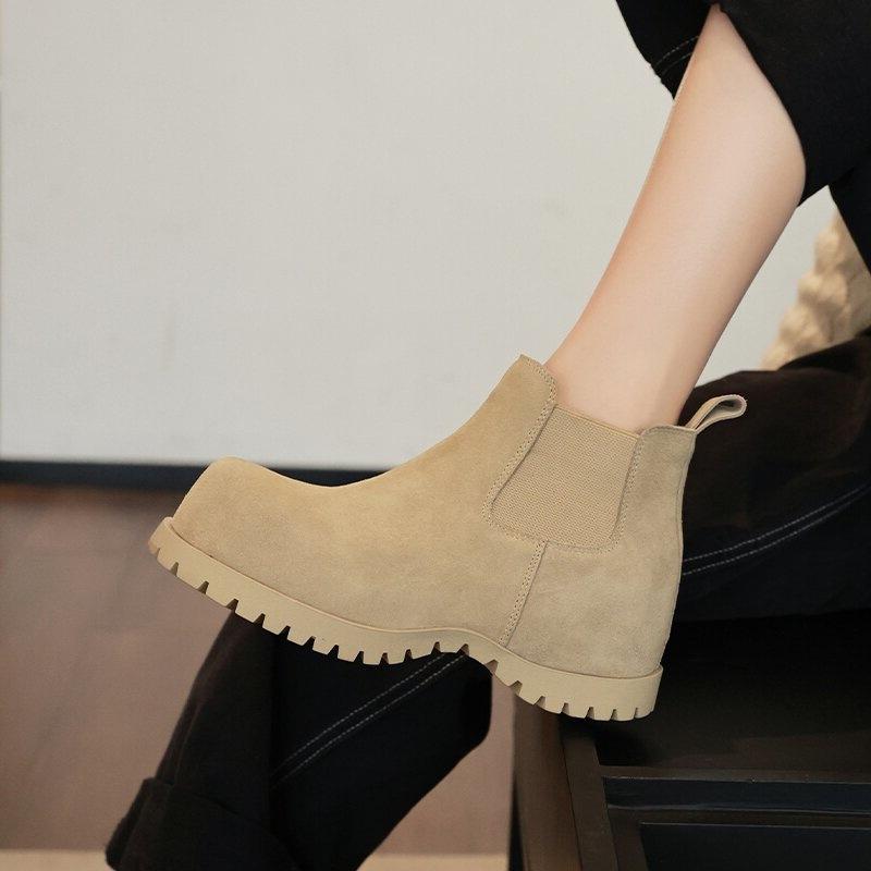 First Layer Cowhide~ Inner Height Increase 6cm Chelsea Boots Women's Matte Leather Retro Martin Boots Cigarette Boots Kangaroo Short Boots