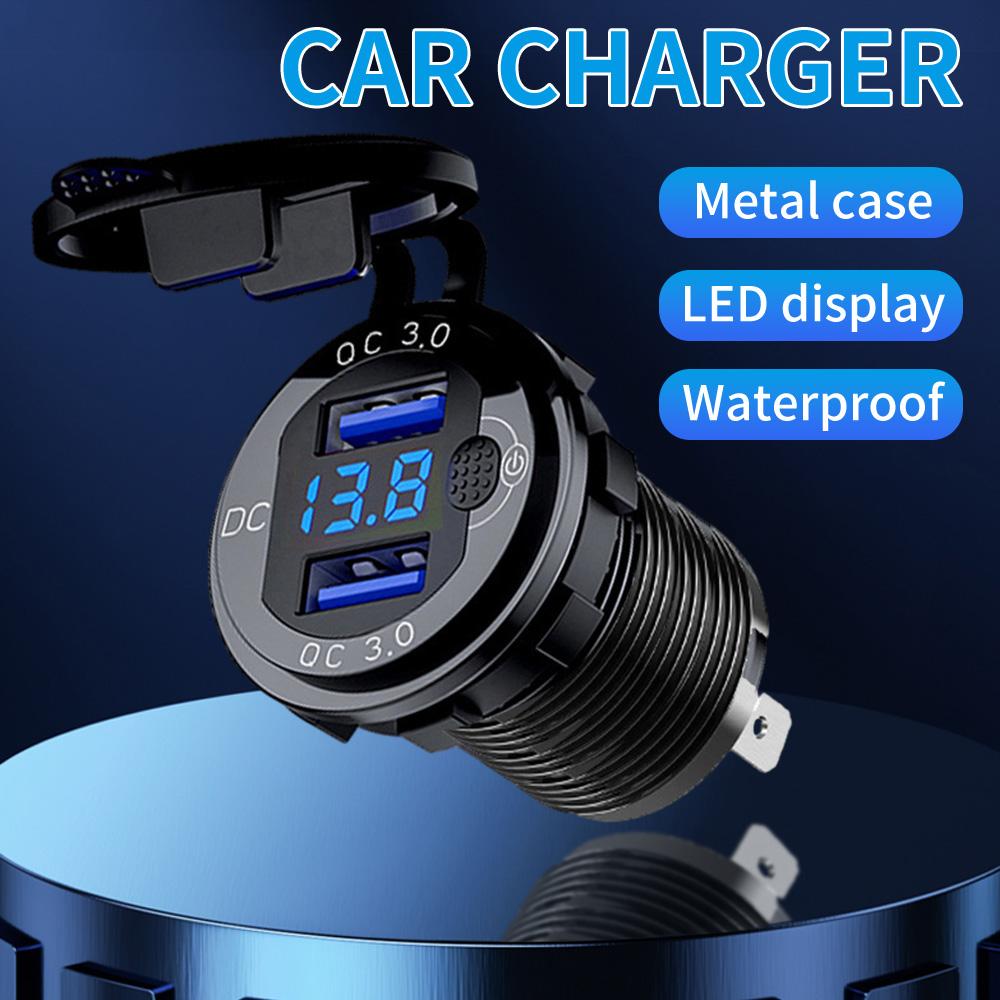 Car Charger QC3.0 Dual USB Cigarette Lighter Socket Waterproof With Voltmeter Switch Quick Charge Adapter 12/24V Car Accessories